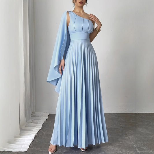 French Fashion New Temperament Single Shoulder Ribbon Waist Pleated Dress - Havenora