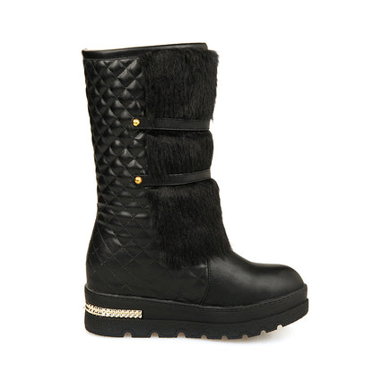 Women’s Large-Size Mid-Tube Platform Snow Boots With Sleeve – Embossed Artificial PU, Round-Toe Winter Boots | Havenora