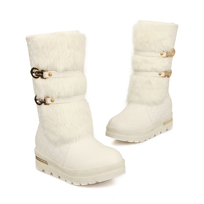 Women’s Large-Size Mid-Tube Platform Snow Boots With Sleeve – Embossed Artificial PU, Round-Toe Winter Boots | Havenora