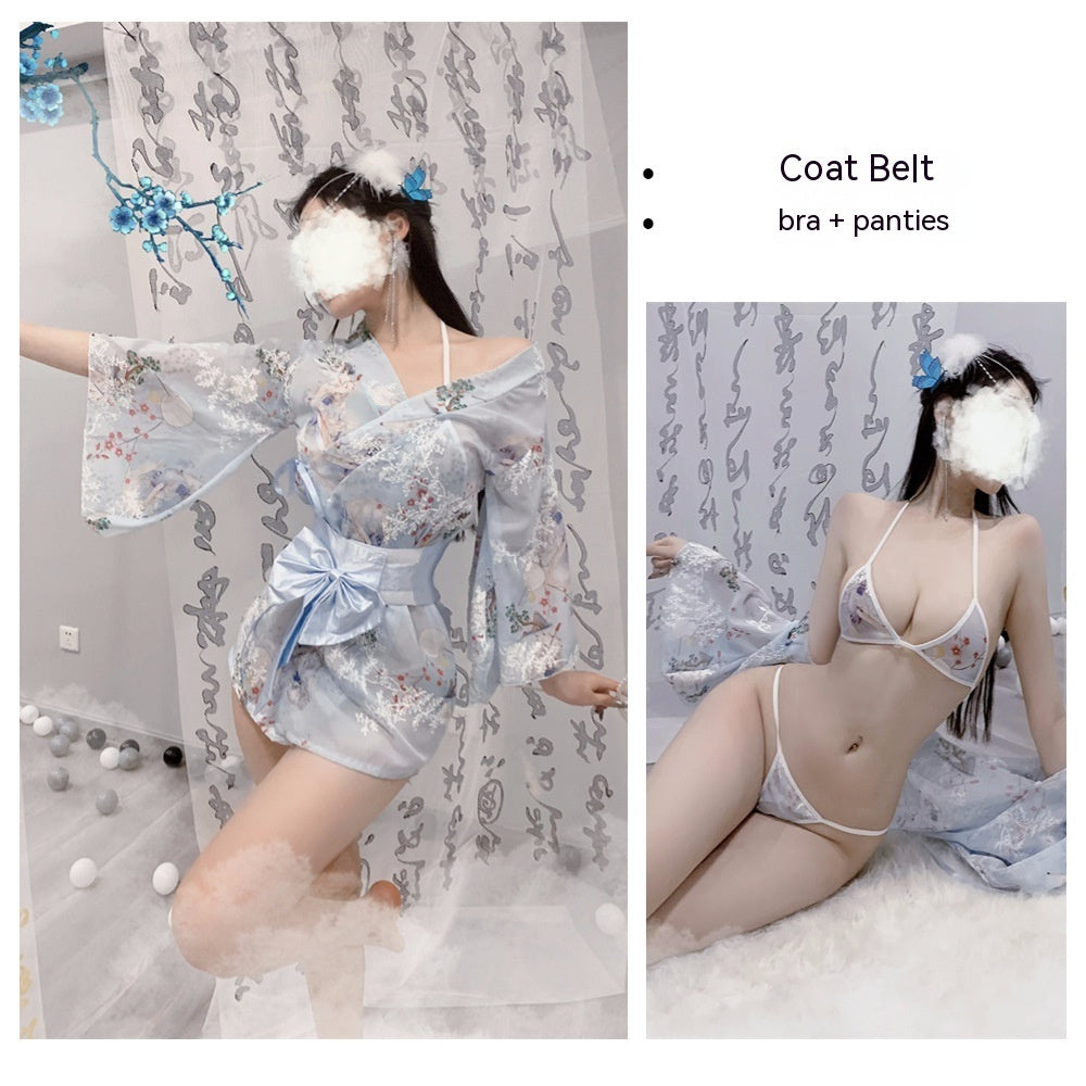 Japanese Kimono Lingerie Set - Cartoon Cat Print 4-Piece Lace Costume | Havenora