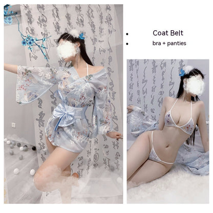 Japanese Kimono Lingerie Set - Cartoon Cat Print 4-Piece Lace Costume | Havenora