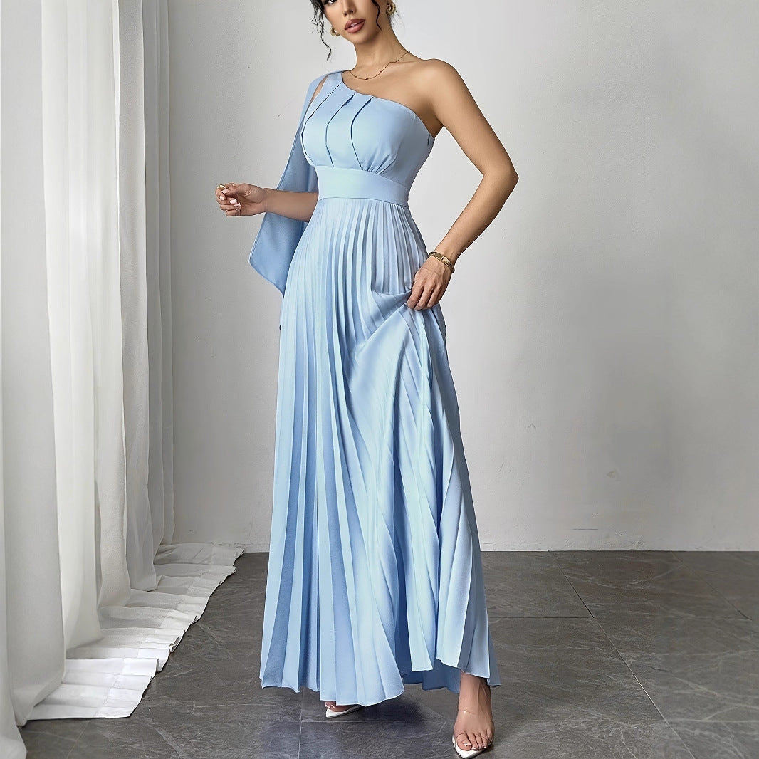 French Fashion New Temperament Single Shoulder Ribbon Waist Pleated Dress - Havenora