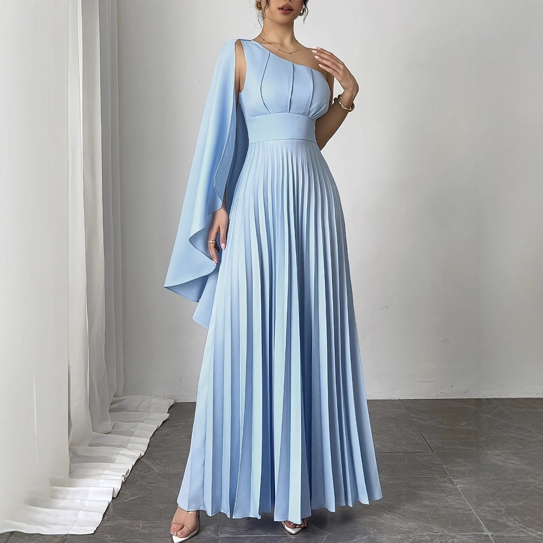 French Fashion New Temperament Single Shoulder Ribbon Waist Pleated Dress - Havenora