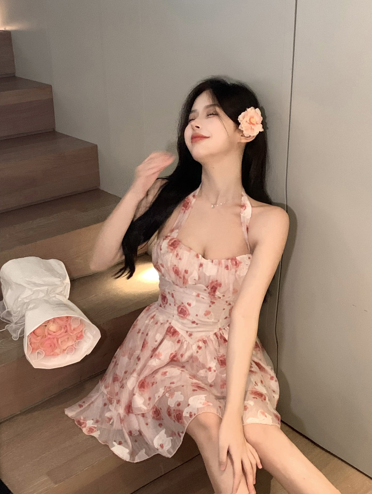 Women’s French Sleeveless Halterneck Suspender Dress - Havenora