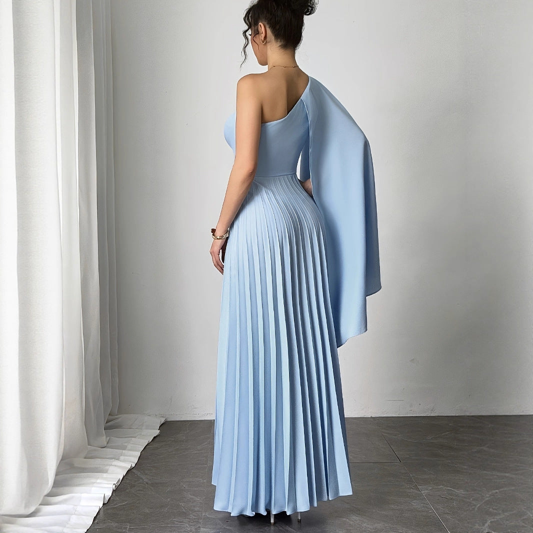 French Fashion New Temperament Single Shoulder Ribbon Waist Pleated Dress - Havenora