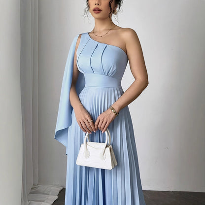 French Fashion New Temperament Single Shoulder Ribbon Waist Pleated Dress - Havenora