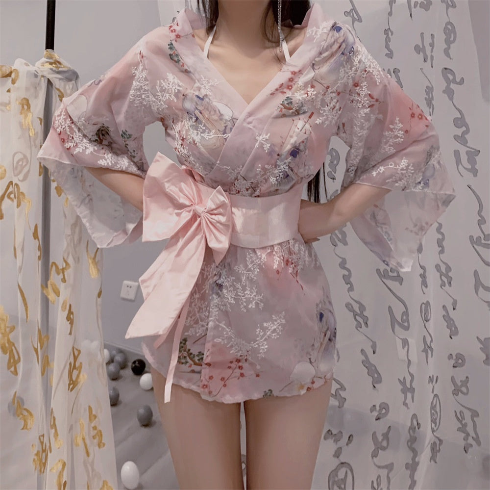 Japanese Kimono Lingerie Set - Cartoon Cat Print 4-Piece Lace Costume | Havenora