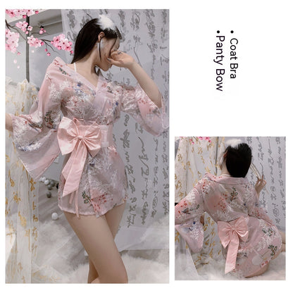 Japanese Kimono Lingerie Set - Cartoon Cat Print 4-Piece Lace Costume | Havenora