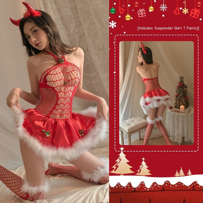 Red Fishnet Uniform Lingerie Set - Complete Bodysuit with Accessories | Havenora